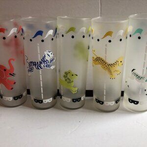 Vintage Retro Libbey CIRCUS MERRY-GO-ROUND ANIMAL Highball or Water Glasses, 5